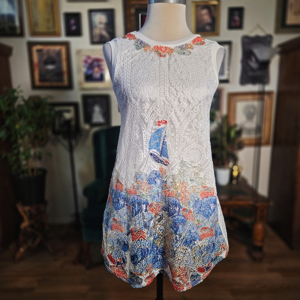 IQ2 Shop White Lace Nautical Sailboat Embroidered Sleeveless Tunic Mini Dress
